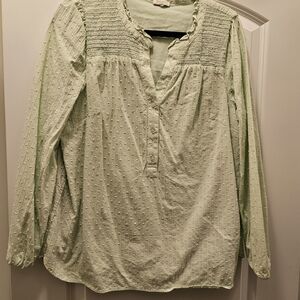 Talbots Light Green Dot Smocked Blouse